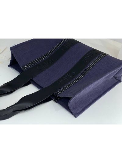 Chloe Large Woody Canvas Top Handle Shoulder Bag Navy Blue - Detail view 5