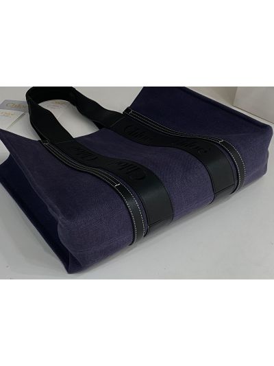 Chloe Large Woody Canvas Top Handle Shoulder Bag Navy Blue - Detail view 6