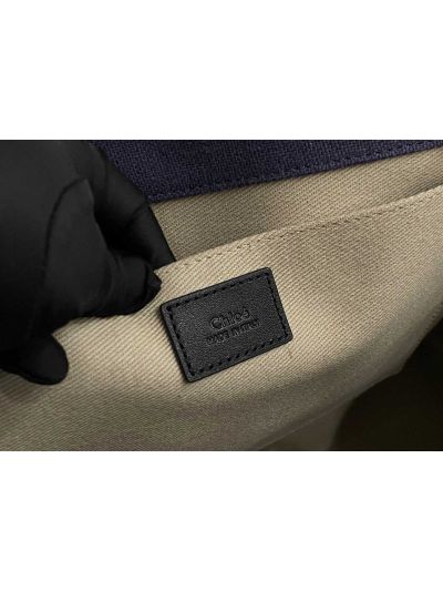 Chloe Large Woody Canvas Top Handle Shoulder Bag Navy Blue - Detail view 8
