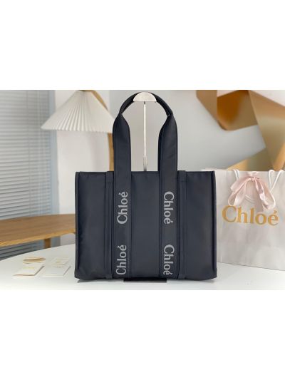 Chloe Large Woody Nylon Top Handle Shoulder Bag Black - Main view