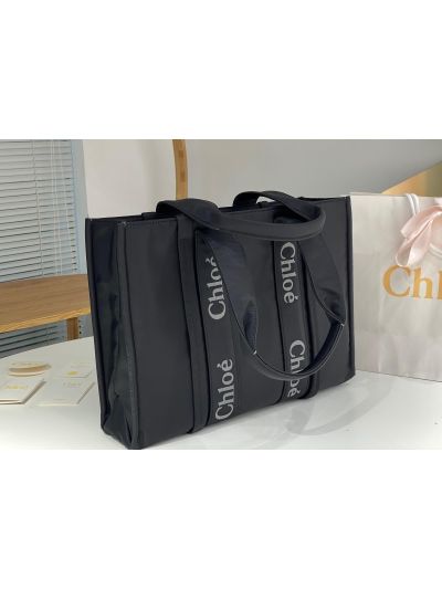 Chloe Large Woody Nylon Top Handle Shoulder Bag Black - Detail view 3