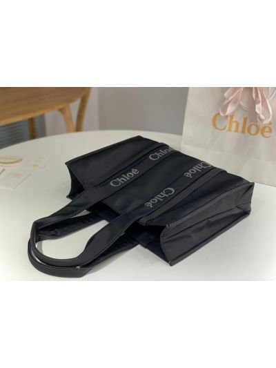 Chloe Large Woody Nylon Top Handle Shoulder Bag Black - Detail view 5