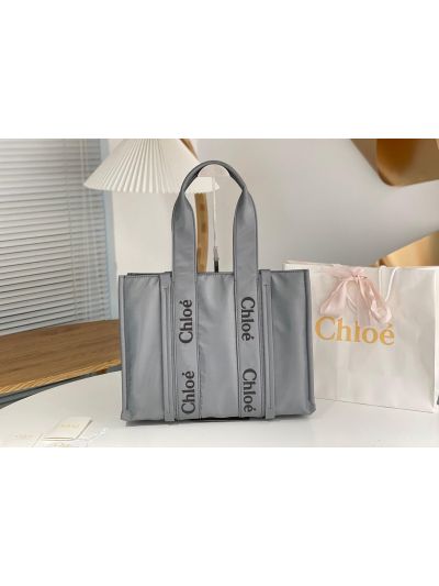 Chloe Large Woody Nylon Top Handle Shoulder Bag Grey - Main view