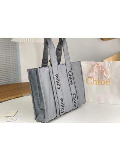 Chloe Large Woody Nylon Top Handle Shoulder Bag Grey - Detail view 3