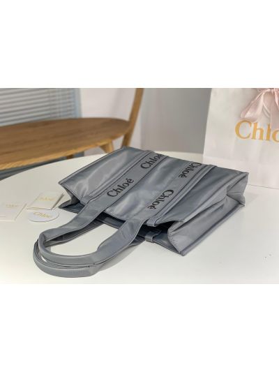 Chloe Large Woody Nylon Top Handle Shoulder Bag Grey - Detail view 5