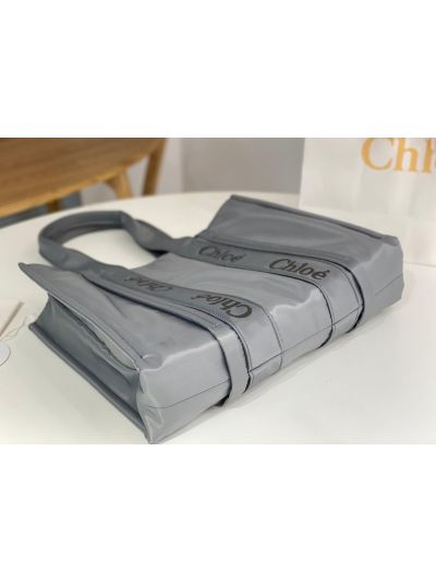 Chloe Large Woody Nylon Top Handle Shoulder Bag Grey - Detail view 6