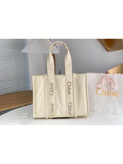 Chloe Large Woody Nylon Top Handle Shoulder Bag Off White - Main view