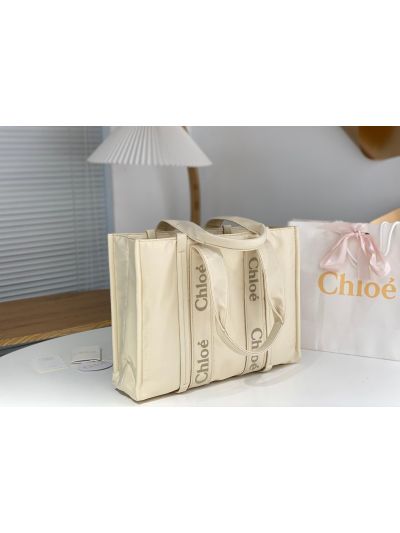Chloe Large Woody Nylon Top Handle Shoulder Bag Off White - Detail view 2