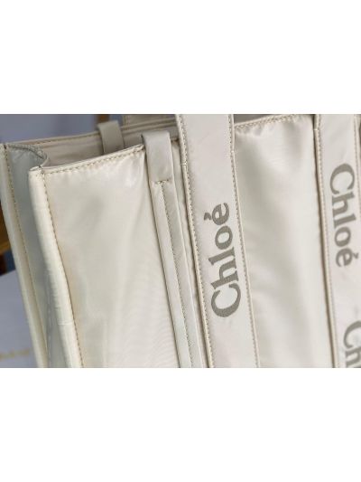 Chloe Large Woody Nylon Top Handle Shoulder Bag Off White - Detail view 3