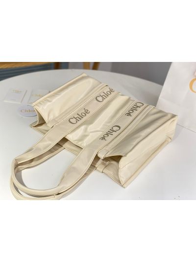 Chloe Large Woody Nylon Top Handle Shoulder Bag Off White - Detail view 5