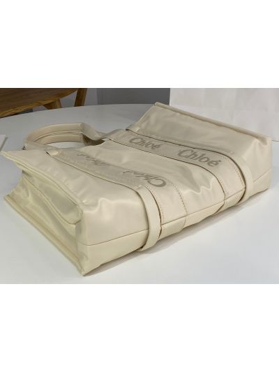 Chloe Large Woody Nylon Top Handle Shoulder Bag Off White - Detail view 6