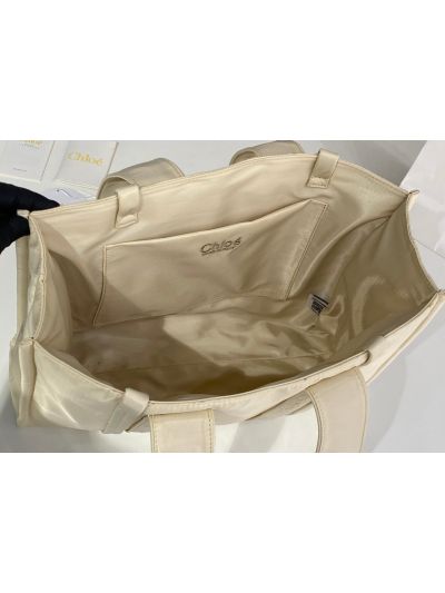 Chloe Large Woody Nylon Top Handle Shoulder Bag Off White - Detail view 7