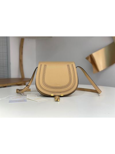 Chloe Marcie Medium Saddle Shoulder Crossbody Bag Beige Grained Calfskin - Main view