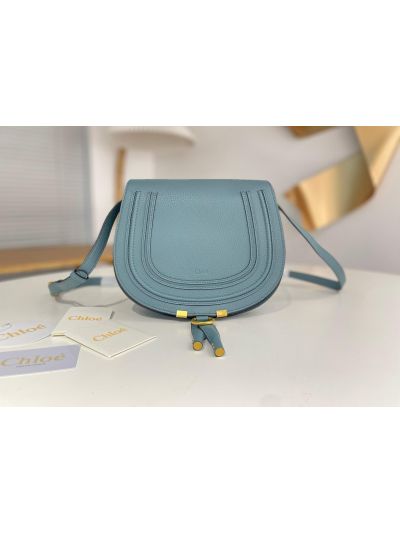 Chloe Marcie Medium Saddle Shoulder Crossbody Bag Light Blue Grained Calfskin - Main view