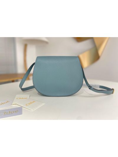Chloe Marcie Medium Saddle Shoulder Crossbody Bag Light Blue Grained Calfskin - Detail view 3