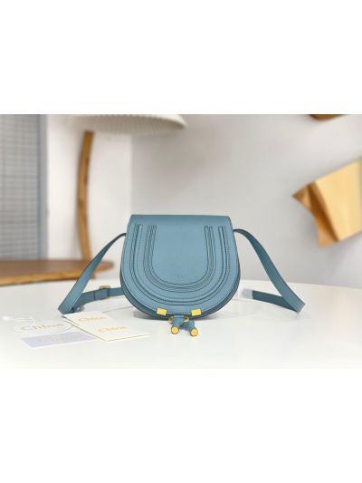 Chloe Marcie Small Saddle Shoulder Crossbody Bag Light Blue Grained Calfskin - Main view