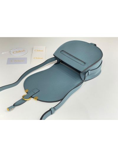 Chloe Marcie Small Saddle Shoulder Crossbody Bag Light Blue Grained Calfskin - Detail view 6