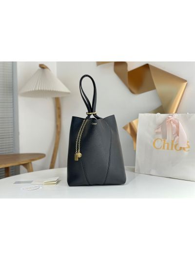 Chloe Medium Spin Tote Bag Black Grained Calfskin Leather - Main view