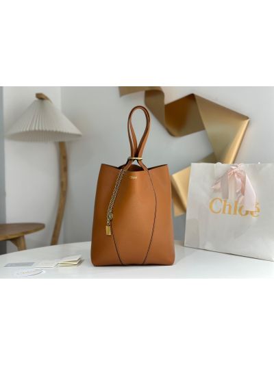 Chloe Medium Spin Tote Bag Brown Grained Calfskin Leather - Main view