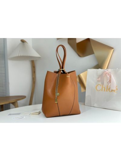 Chloe Medium Spin Tote Bag Brown Grained Calfskin Leather - Detail view 3
