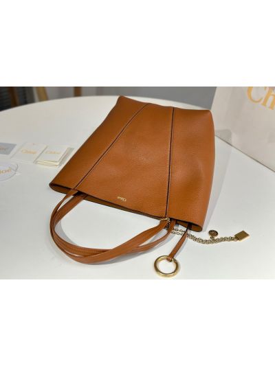 Chloe Medium Spin Tote Bag Brown Grained Calfskin Leather - Detail view 5