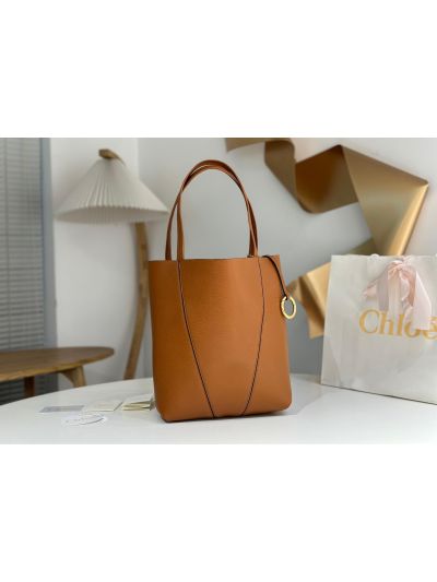 Chloe Medium Spin Tote Bag Brown Grained Calfskin Leather - Detail view 7