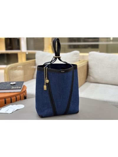 Chloe Medium Spin Tote Bag Denim Blue Cotton and Cowhide - Main view