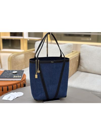 Chloe Medium Spin Tote Bag Denim Blue Cotton and Cowhide - Detail view 2