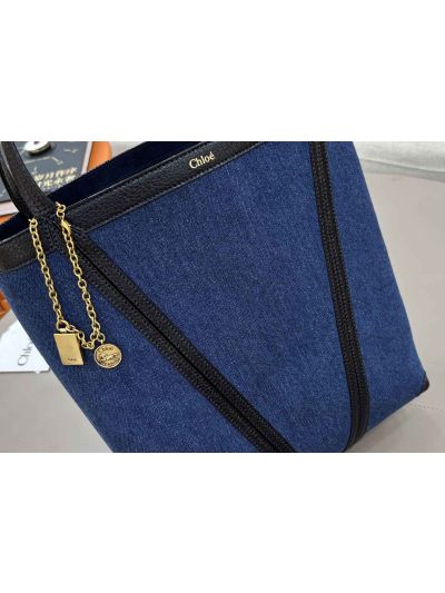 Chloe Medium Spin Tote Bag Denim Blue Cotton and Cowhide - Detail view 4