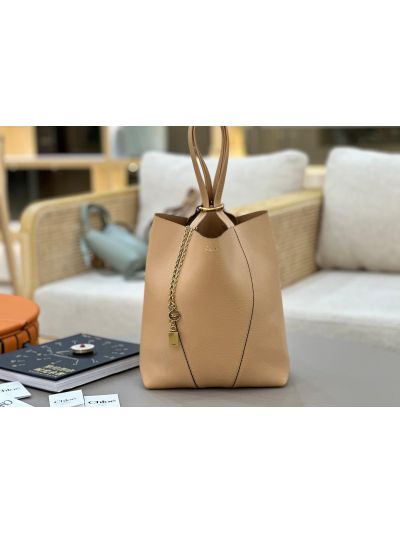 Chloe Medium Spin Tote Bag Light Beige Grained Calfskin Leather - Main view