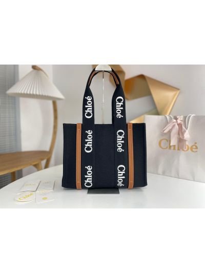 Chloe Medium Woody Canvas Top Handle Shoulder Bag Black - Main view