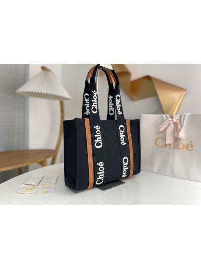 Chloe Medium Woody Canvas Top Handle Shoulder Bag Black - Detail view 2