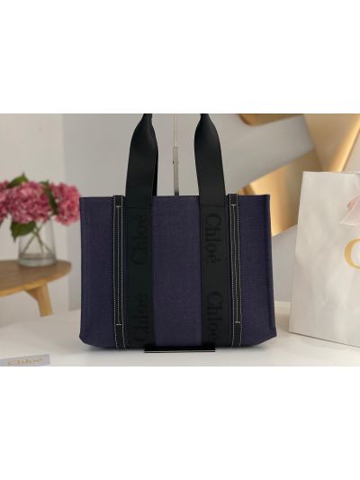 Chloe Medium Woody Canvas Top Handle Shoulder Bag Navy Blue - Main view