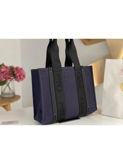 Chloe Medium Woody Canvas Top Handle Shoulder Bag Navy Blue - Detail view 3