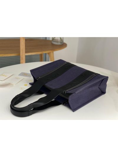 Chloe Medium Woody Canvas Top Handle Shoulder Bag Navy Blue - Detail view 4