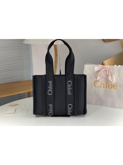 Chloe Medium Woody Nylon Top Handle Shoulder Bag Black - Main view