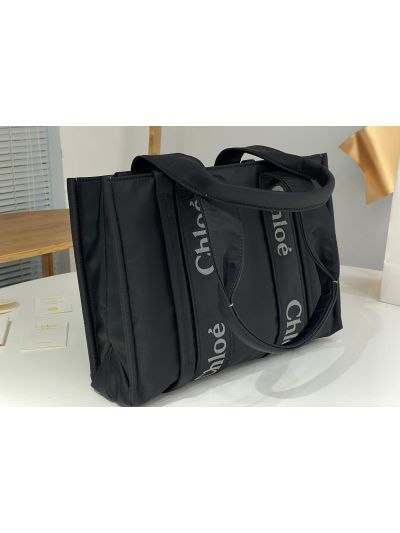 Chloe Medium Woody Nylon Top Handle Shoulder Bag Black - Detail view 2