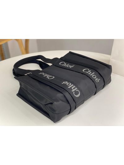 Chloe Medium Woody Nylon Top Handle Shoulder Bag Black - Detail view 6