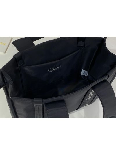 Chloe Medium Woody Nylon Top Handle Shoulder Bag Black - Detail view 7