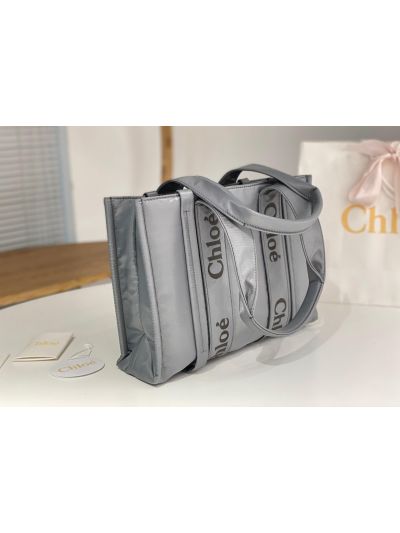 Chloe Medium Woody Nylon Top Handle Shoulder Bag Grey - Detail view 3