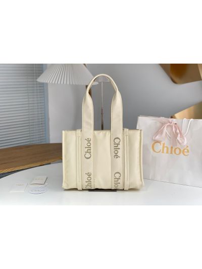 Chloe Medium Woody Nylon Top Handle Shoulder Bag Off White - Main view