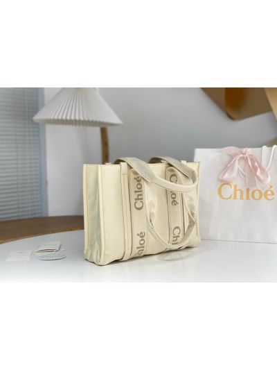 Chloe Medium Woody Nylon Top Handle Shoulder Bag Off White - Detail view 4