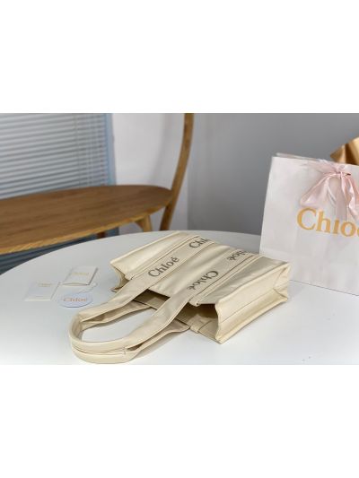 Chloe Medium Woody Nylon Top Handle Shoulder Bag Off White - Detail view 5