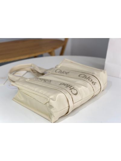 Chloe Medium Woody Nylon Top Handle Shoulder Bag Off White - Detail view 6