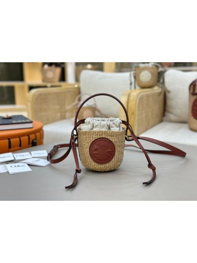 Chloe Mini Horse Medal Basket Natural Fibers Shoulder Crossbody Bag Brown - Main view