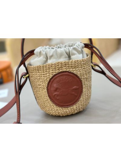 Chloe Mini Horse Medal Basket Natural Fibers Shoulder Crossbody Bag Brown - Detail view 3