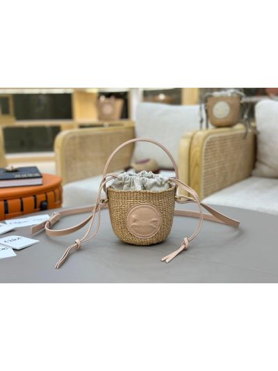 Chloe Mini Horse Medal Basket Natural Fibers Shoulder Crossbody Bag Pink - Main view