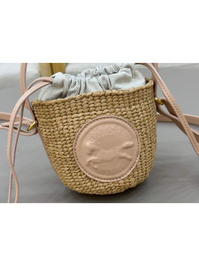 Chloe Mini Horse Medal Basket Natural Fibers Shoulder Crossbody Bag Pink - Detail view 3
