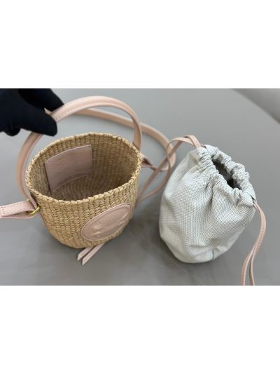 Chloe Mini Horse Medal Basket Natural Fibers Shoulder Crossbody Bag Pink - Detail view 5