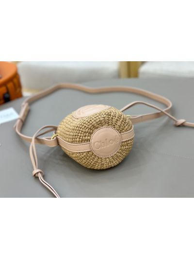 Chloe Mini Horse Medal Basket Natural Fibers Shoulder Crossbody Bag Pink - Detail view 7
